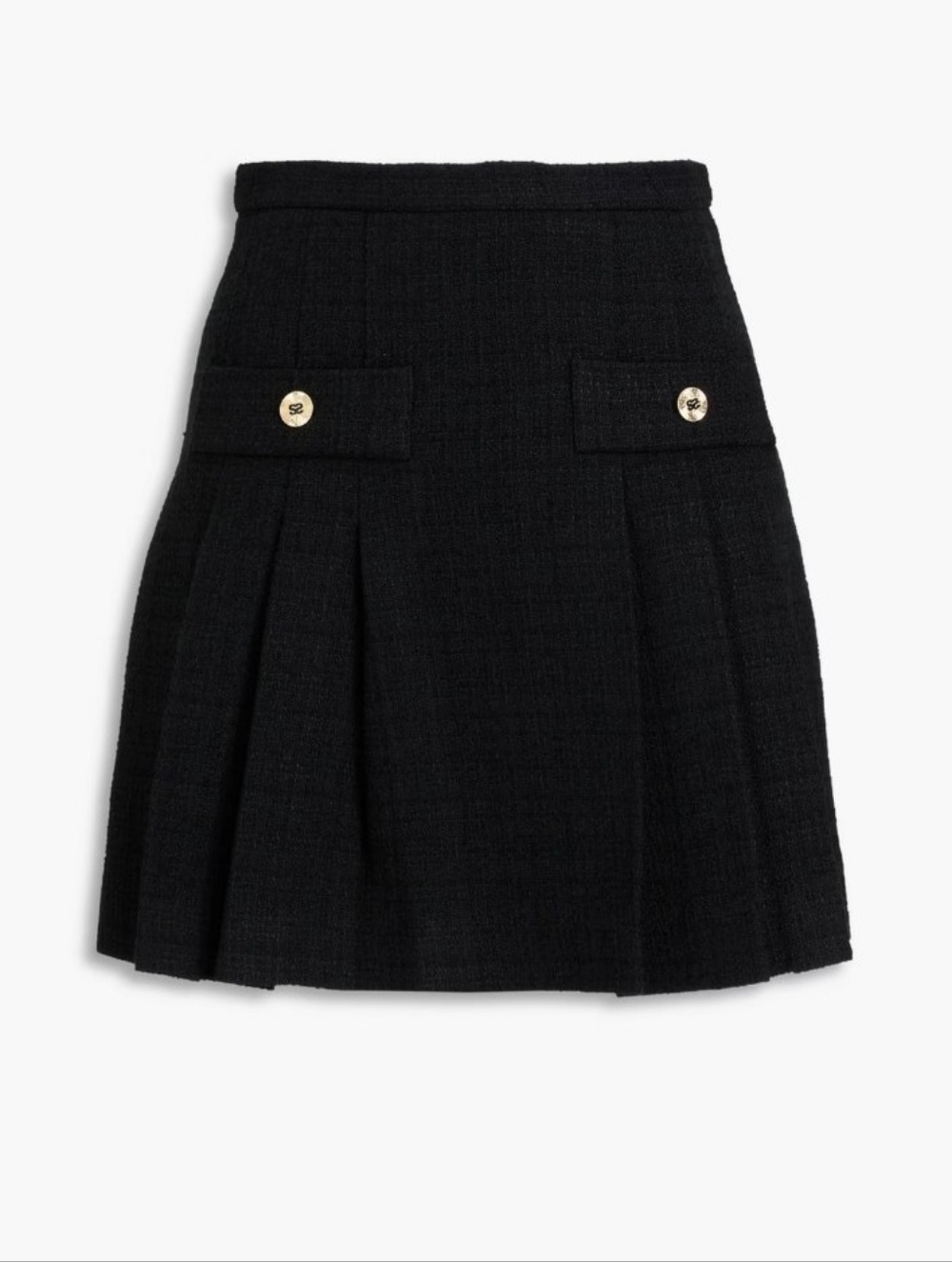 Sandro Paris Tweed Pleated Tweed A-line Black Mini Skirt Gold Button Women's 2